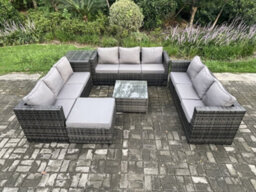 Fimous Outdoor Rattan Garden Furniture Set 10 Seater Patio Lounge Sofa Set With Side Table Square Coffee Table Big Footstool - thumbnail 2