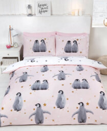 Homespace Direct Ltd Starry Penguins Pink Xmas Duvet Cover Set Christmas Bedding