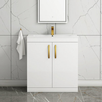 Royal Bathrooms Turin Gloss White 800mm Floor Standing Vanity Unit 2 Door With Minimalist Basin Sink & Brushed Brass Handles - image 1