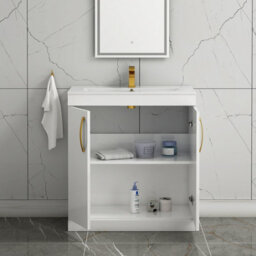Royal Bathrooms Turin Gloss White 800mm Floor Standing Vanity Unit 2 Door With Minimalist Basin Sink & Brushed Brass Handles - thumbnail 5