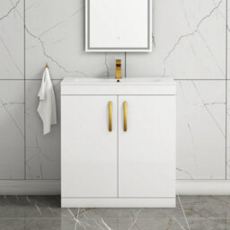 Royal Bathrooms Turin Gloss White 800mm Floor Standing Vanity Unit 2 Door With Minimalist Basin Sink & Brushed Brass Handles