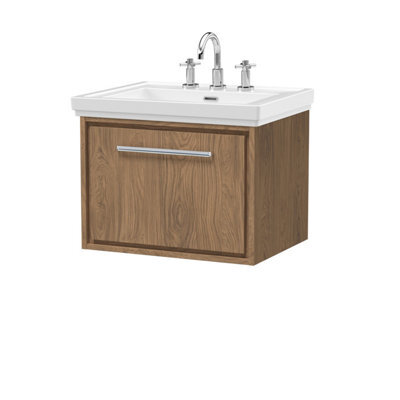 Hudson Reed Lille Wall Hung 1 Drawer Vanity Unit With 3 Tap Hole Basin, Antique Oak Woodgrain, 497 X 630 mm - image 1