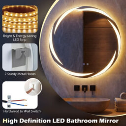 Costway 70 Cm Round Led Bathroom Mirror Tempered Glass Wall Mirror Anti-Fog - thumbnail 9
