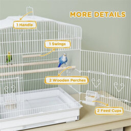 59Cm Large Bird Cage With Perches, Food Bowls, Swing, White - thumbnail 4