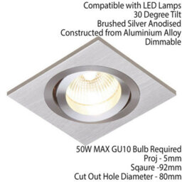 Single Adjustable Tilt Slim Square Ceiling Spotlight Brushed Silver Gu10 Lamp - thumbnail 2
