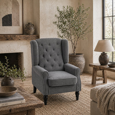 Wyld Haus Nocova Charcoal Grey Bouclé Retro Wingback Accent Armchair - Soft Sherpa Fleece Upholstery - image 1