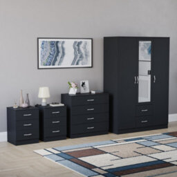 Lassic Vida Designs Riano 4 Piece Bedroom Set (3 Drawer Bedside Chest, 4 Drawer Chest, 3 Door 2 Drawer Mirrored Wardrobe), Black - thumbnail 6