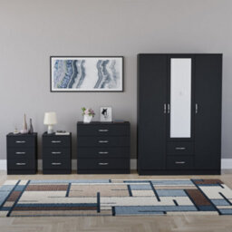Lassic Vida Designs Riano 4 Piece Bedroom Set (3 Drawer Bedside Chest, 4 Drawer Chest, 3 Door 2 Drawer Mirrored Wardrobe), Black - thumbnail 7