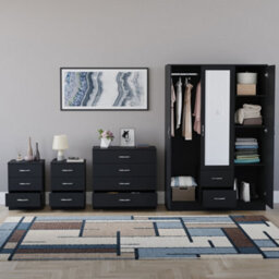 Lassic Vida Designs Riano 4 Piece Bedroom Set (3 Drawer Bedside Chest, 4 Drawer Chest, 3 Door 2 Drawer Mirrored Wardrobe), Black - thumbnail 2