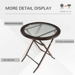 Outsunny Folding Round Tempered Glass Metal Table With Brown Rattan Edging - thumbnail 5