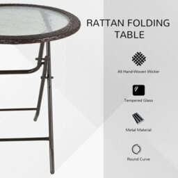Outsunny Folding Round Tempered Glass Metal Table With Brown Rattan Edging - thumbnail 4