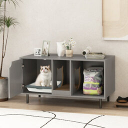 Costway Cat Litter Box Enclosure Large Hidden Cat Washroom W/ Storage-Grey - thumbnail 4