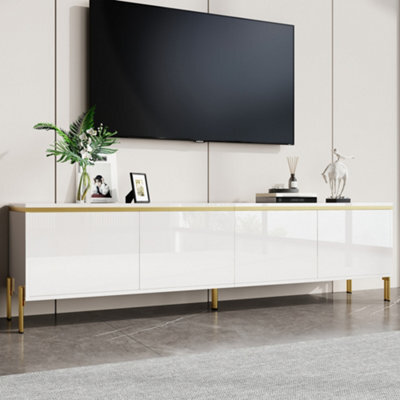 Btm High Gloss Tv Stand, 4 Door Media Console With Cable Management And Gold Trim, Storage Tv Cabinet - image 1
