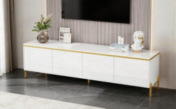 Btm High Gloss Tv Stand, 4 Door Media Console With Cable Management And Gold Trim, Storage Tv Cabinet - thumbnail 3