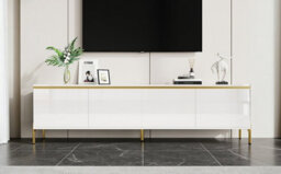 Btm High Gloss Tv Stand, 4 Door Media Console With Cable Management And Gold Trim, Storage Tv Cabinet - thumbnail 7
