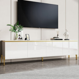 Btm High Gloss Tv Stand, 4 Door Media Console With Cable Management And Gold Trim, Storage Tv Cabinet - thumbnail 1