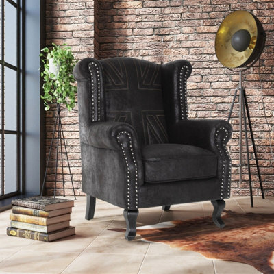 Faux Leather Suede Effect Britannia Wing Back Chair With Union Jack Flag Black - image 1