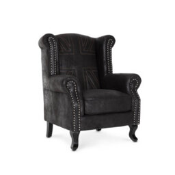 Faux Leather Suede Effect Britannia Wing Back Chair With Union Jack Flag Black - thumbnail 2