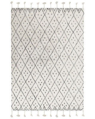 Beliani Oriental Geometric Cotton Rug 160 X 230 Cm Off-White Black With Tassels - image 1
