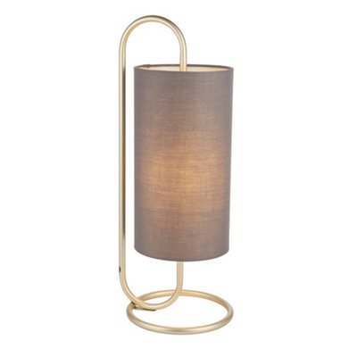 Modern Antique Brass Oval Table Lamp Desk Light & Grey Fabric Cylinder Shade - image 1