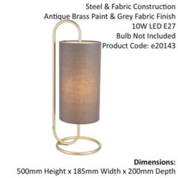 Modern Antique Brass Oval Table Lamp Desk Light & Grey Fabric Cylinder Shade - thumbnail 2