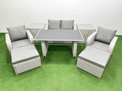 Fimous Outdoor Rattan Garden Furniture Dining Set 6-Seater Reclining Chair Set With 2 Side Tables 2 Big Stools - image 1