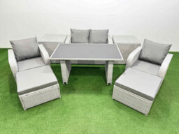 Fimous Outdoor Rattan Garden Furniture Dining Set 6-Seater  Reclining Chair Set With 2 Side Tables 2 Big Stools - thumbnail 2