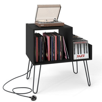 Record Player Stand With Power Outlet Black Mid Century Modern End Table Black - image 1