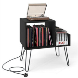 Record Player Stand With Power Outlet Black Mid Century Modern End Table Black - thumbnail 1