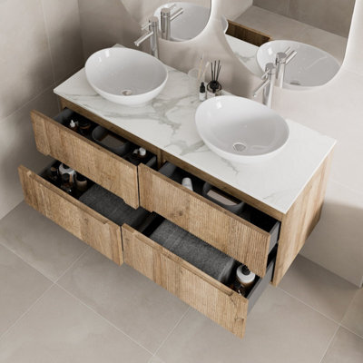 Affine 1200mm Oak White Marble Vanity Unit Double Oval Basin Wall Hung Fluted Soft Close - image 1