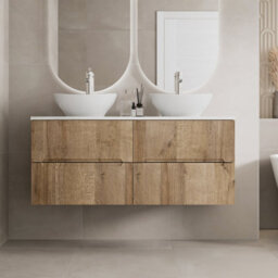 Affine 1200mm Oak White Marble Vanity Unit Double Oval Basin Wall Hung Fluted Soft Close - thumbnail 2