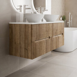 Affine 1200mm Oak White Marble Vanity Unit Double Oval Basin Wall Hung Fluted Soft Close - thumbnail 3