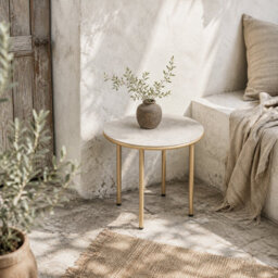 Wyld Haus Bake Round Side Table 60Cm - Beige Faux Marble Tempered Glass Top, Steel Frame