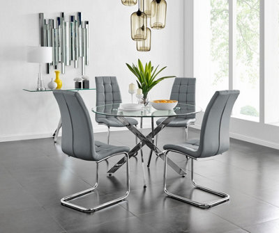 Furniturebox Uk Novara Chrome Metal And Glass Large Round Dining Table And 4 Elephant Grey Murano Chairs Set - image 1