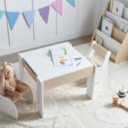 Wyld and Coco Brightnest Kids 2-Seater Table And Chair Set White Wood With Reversible Chalkboard Top - thumbnail 2