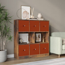Urbn-Living Urbnliving Asymmetrical 8 Cube Bookcase Shelf Storage Unit W/ 6 Fabric Drawer Inserts (Rustic Brown+Orange) - thumbnail 1