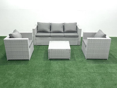 Fimous 5 Seater Rattan Garden Furniture Set 3 Seater Sofa 2 Chair Square Coffee Table Light Grey - image 1