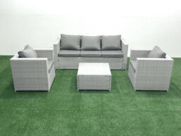 Fimous 5 Seater Rattan Garden Furniture Set 3 Seater Sofa 2 Chair Square Coffee Table Light Grey - thumbnail 2