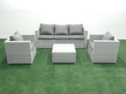 Fimous 5 Seater Rattan Garden Furniture Set 3 Seater Sofa 2 Chair Square Coffee Table Light Grey - thumbnail 1