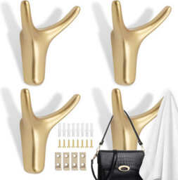 4-Piece Coat Hook Set, Gold Metal Wall-Mounted Coat Rack With Screws And Safety Buckle - thumbnail 1
