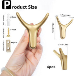4-Piece Coat Hook Set, Gold Metal Wall-Mounted Coat Rack With Screws And Safety Buckle - thumbnail 2
