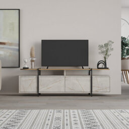Decortie Hanley Modern Tv Unit Multimedia Centre Gold Marble Effect Oak Effect With Storage Tv Cabinet 160Cm