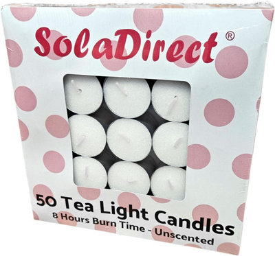 SolaDirect 8 Hour Tealights Pack Of 50 - Long Burn White Unscented Smokeless Tea Light Candles 38 mm X 25 mm - Wedding Party Catering Home - image 1
