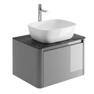 Plum&clay Mayfair Gloss Light Grey Wall Hung Bathroom Vanity Unit With Black Slate Countertop (W)650mm (H)406mm - image 1