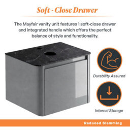 Plum&clay Mayfair Gloss Light Grey Wall Hung Bathroom Vanity Unit With Black Slate Countertop (W)650mm (H)406mm - thumbnail 4