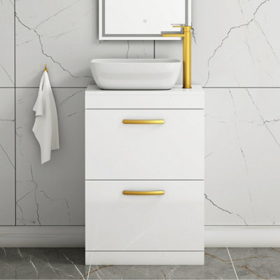 Royal Bathrooms 600mm Floor Standing Vanity Unit 2 Drawer Gloss White & Countertop Basin - Elva With Brushed Brass Handle - image 1