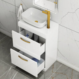 Royal Bathrooms 600mm Floor Standing Vanity Unit 2 Drawer Gloss White & Countertop Basin - Elva With Brushed Brass Handle - thumbnail 3