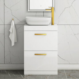 Royal Bathrooms 600mm Floor Standing Vanity Unit 2 Drawer Gloss White & Countertop Basin - Elva With Brushed Brass Handle - thumbnail 1