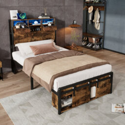 Btm Metal Bed 3Ft Single With Led Lights, Usb & Type-C Charging, Storage Frame, Black And Wood Finish - thumbnail 1