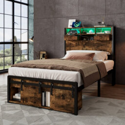 Btm Metal Bed 3Ft Single With Led Lights, Usb & Type-C Charging, Storage Frame, Black And Wood Finish - thumbnail 2